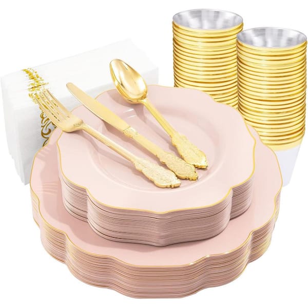 Pink and Gold Disposable Plastic Plates with Silverware - 175-Pieces for Weddings and Parties