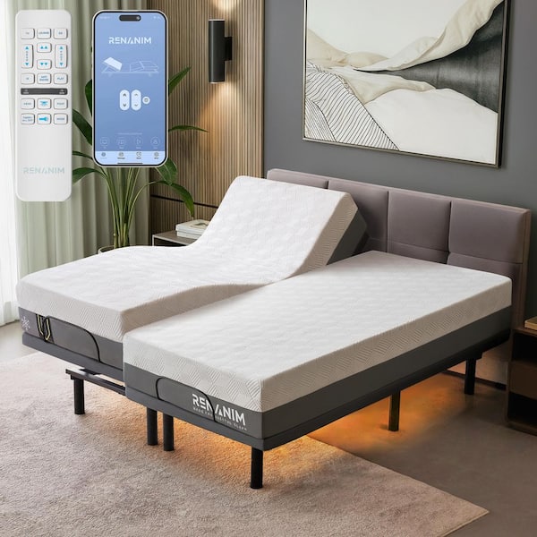 Renanim Gray Split-King Adjustable Bed Frame + 10 in. Cooling Gel Memory Foam Mattress-Massage USB, Under Bed Light, APP, Remote