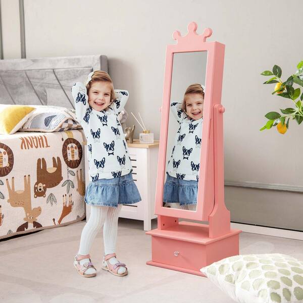 Costway Kid Freestanding Pink Wood 13.5 in. Jewelry Armoire 2 in