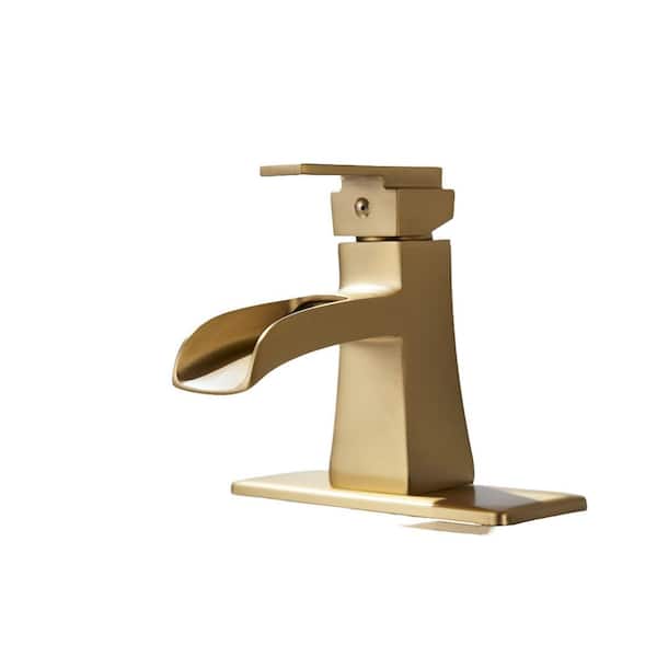 Forious pro Waterfall Single Handle Bathroom Faucet with Metal Pop-Up Drain, Bathroom Sink Faucet Matte Gold in Bathroom