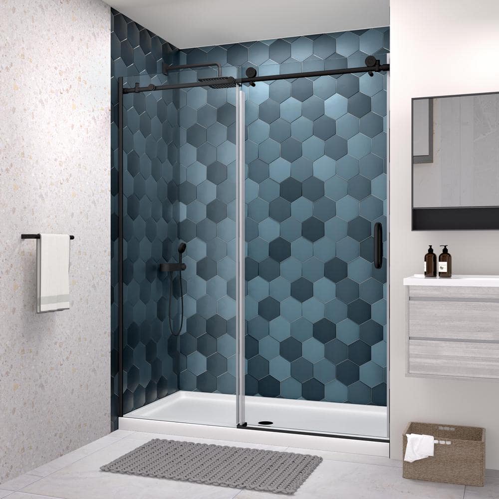 60 in. W x 70 in. H Semi Frameless Sliding Shower Door in Matt Black with C
