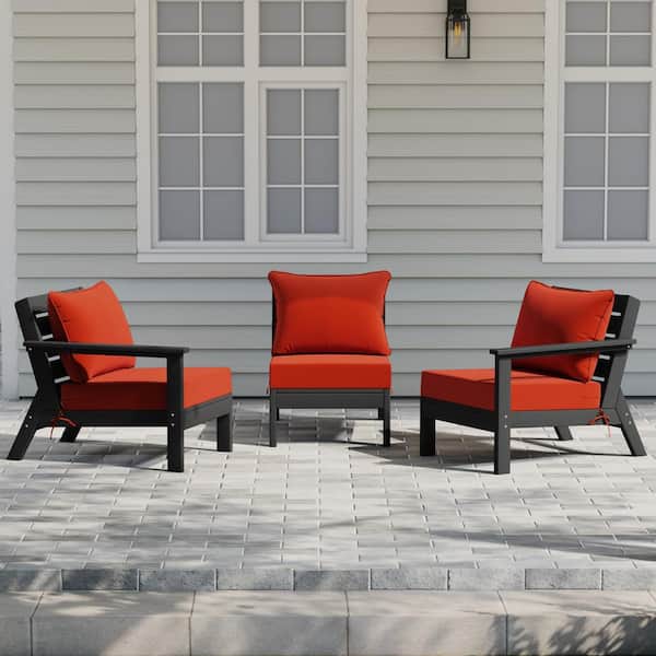 Birchwood Black Arrangeable Outdoor Patio 3-Piece Deep Seating HDPE Sofa Arm Chair Set w/ Orange Cushions