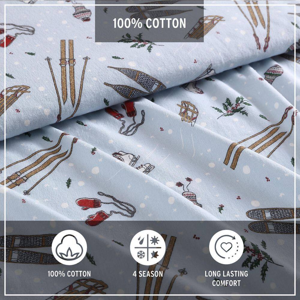 Blue Cotton Flannel Queen Sheet Set with Snow Days Print