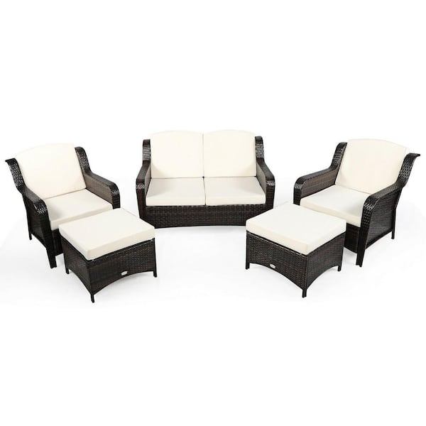 WELLFOR 5-Piece Wicker Patio Conversation Set with Off White Cushion and Ottoman