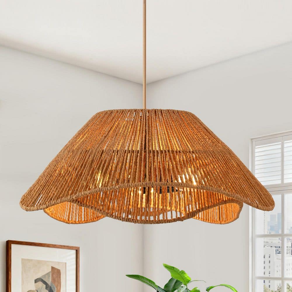 ZSMIHDOH 3-Light Black and Brown Boho Hand-Woven Natural Rattan