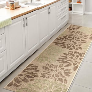 Zinnia Modern Sage/Brown 2 ft. x 10 ft. Floral Textured Weave Indoor/Outdoor Runner Rug