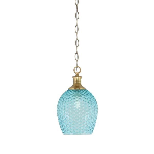 Unbranded Tyler 60-Watt 1-Light New Age Brass Chain Mini Pendant Light with Turquoise Textured Glass Shade