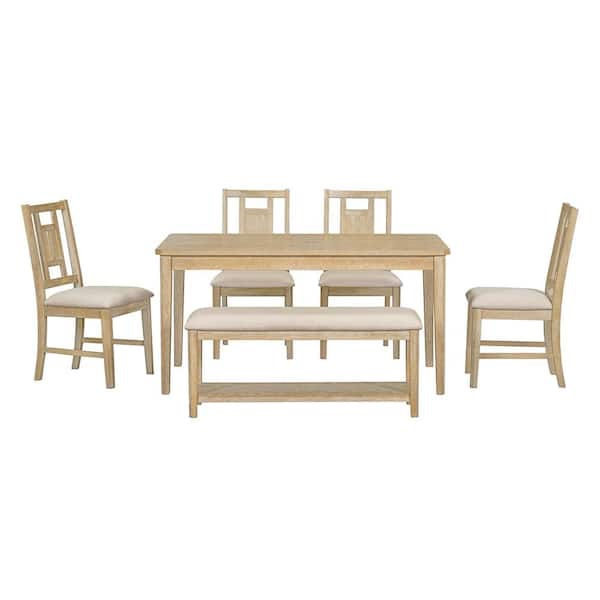 Polibi 6-Piece Rectangular Natural Wood Wash Wood Top Dining Table Set and 4 Cushioned Chairs and Bench