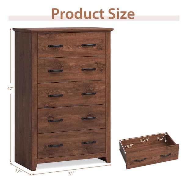 Tall Storage Dresser with 5 Pull Out Drawers for Bedroom Living Room Walnut Costway
