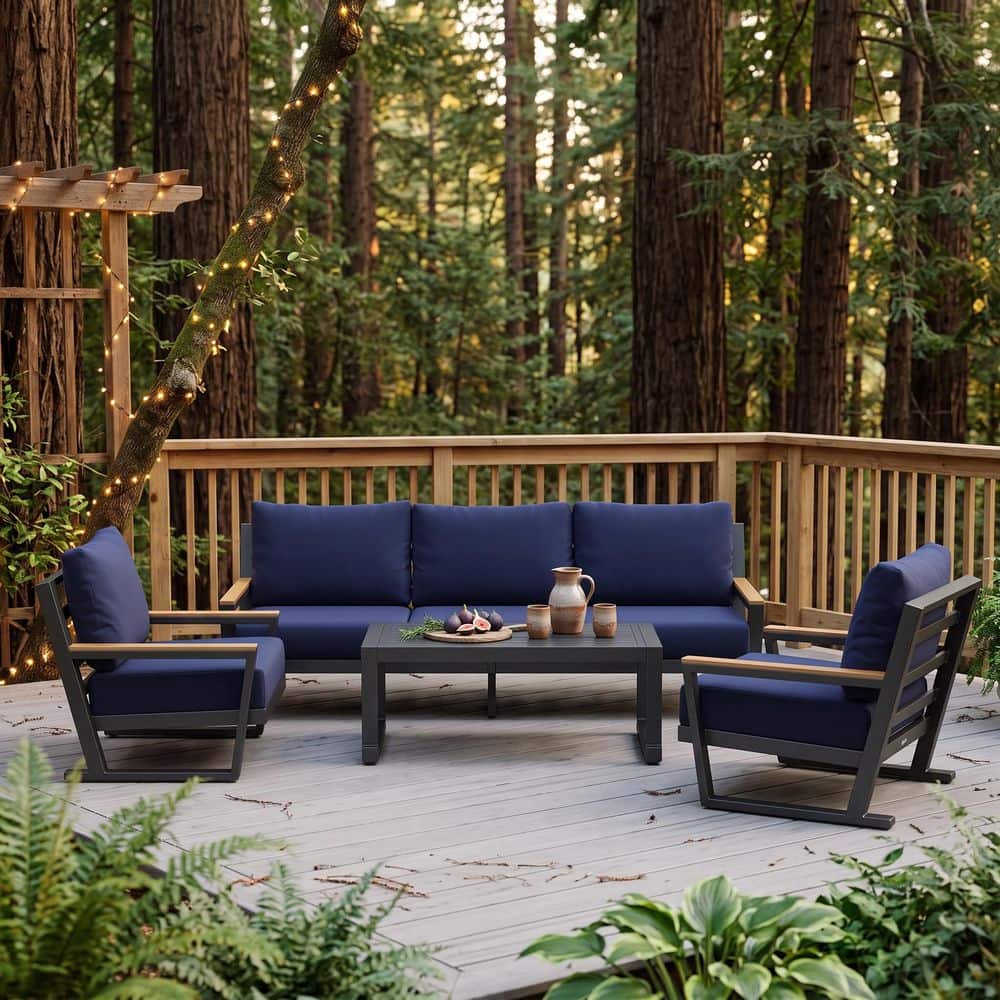 4-Piece Gray Aluminum Patio Conversation Set with Blue Cushions ,Coffee Table for Garden Backyard price history on PriceWatchPro