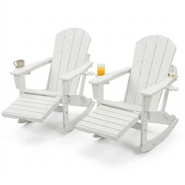 White HDPE Plastic Folding Adirondack Rocking Chair Set of 2 with Retractable Ottoman and Cup Holder