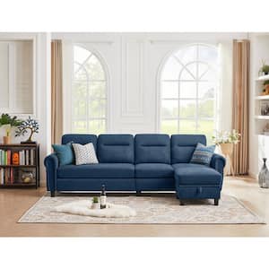 106.69 in. Wide Blue Round-Arm Fabric 4 Seater L Shaped Reversible Sectional Sofa with Side Storage Bags