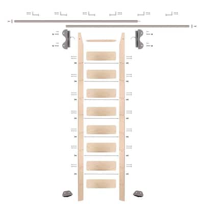 9 ft. Maple Library Ladder (10 ft. Reach) Satin Nickel Hook Hardware 12 ft. Rail and Horizontal Brackets