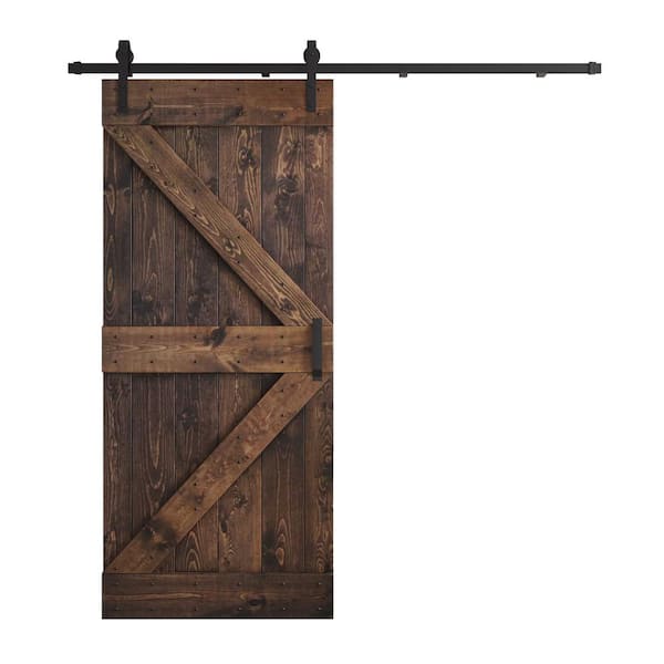 COAST SEQUOIA INC K Series 38 in. x 84 in. Kona Coffee DIY Knotty Pine Wood Sliding Barn Door with Hardware Kit
