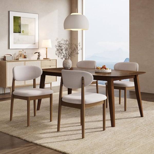 Benno 5-Piece Walnut and Beige Wood Top Dining Set with Fabric Upholstered Side Chairs, Solid Wood Legs