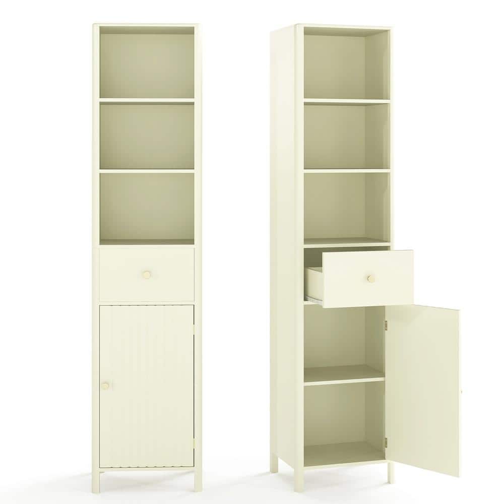 Tall Bathroom Storage Cabinet 16 x 12 x 67 in. with Fluted Door 3 Open Shelves Drawer and Gold Handles price history on PriceWatchPro