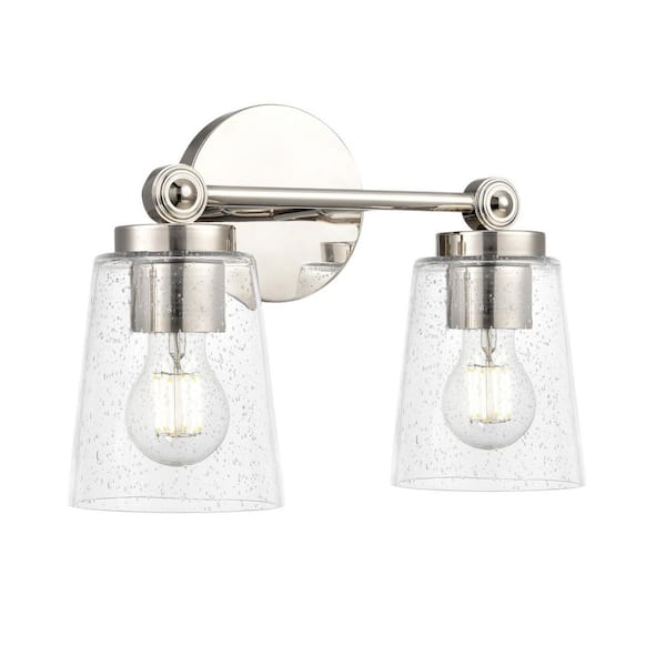 Lauryn 13.5 in. 2-Light Polished Nickel Vanity Light in Clear Seeded Glass Shades