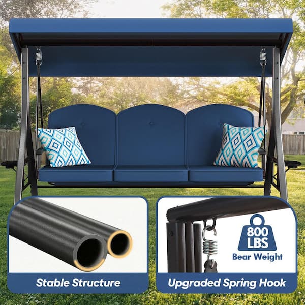 ZZW 3-Seat Metal Patio Swing with Adjustable Backrest Canopy Blue