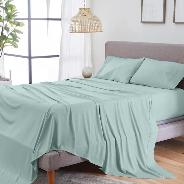 Hyper-Linen 4-Piece Bed Sheet Set Breathable Linen Blend Sheets Lightweight Fabric Misty Blue Queen