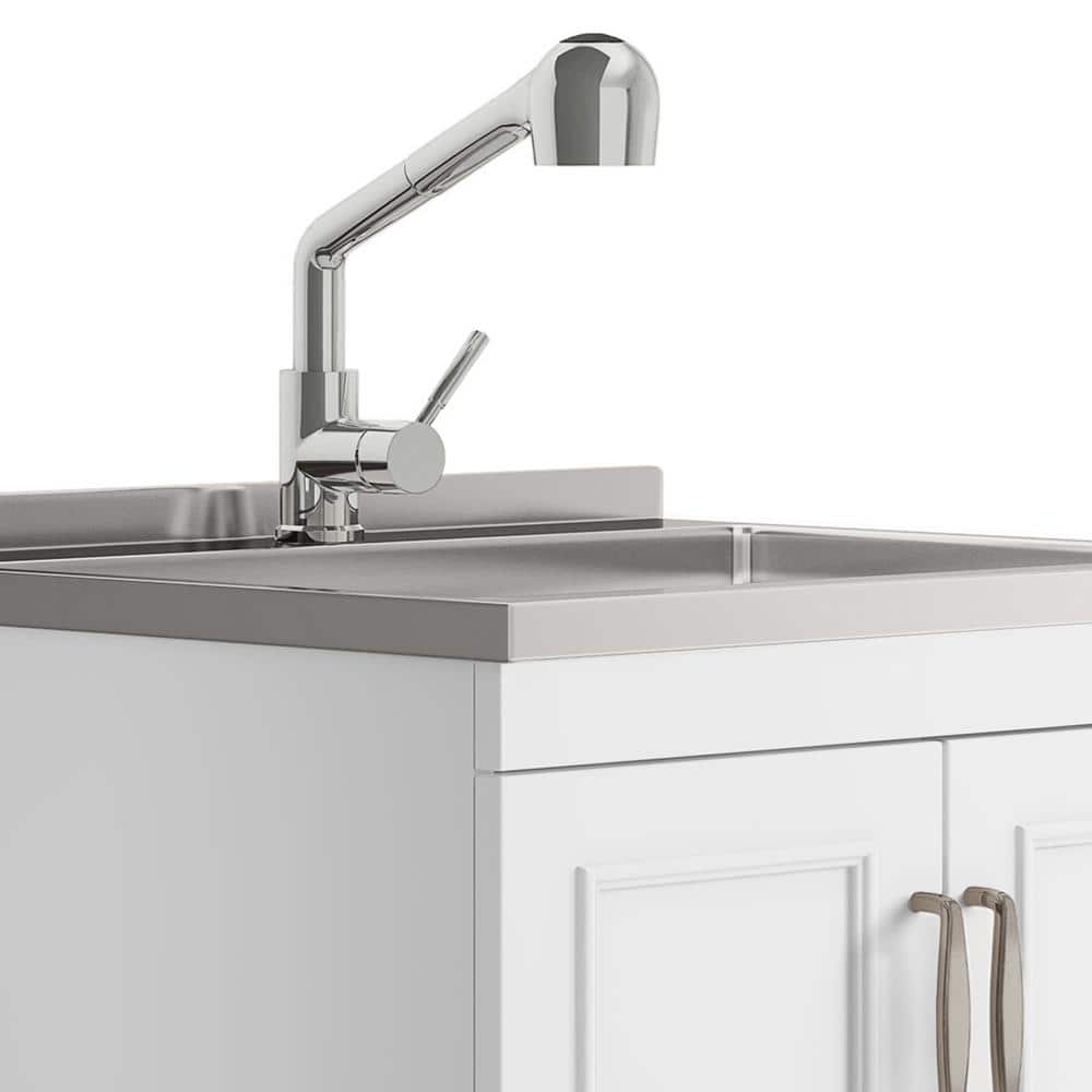 White 28-Inch Laundry Cabinet with Stainless Steel Sink
