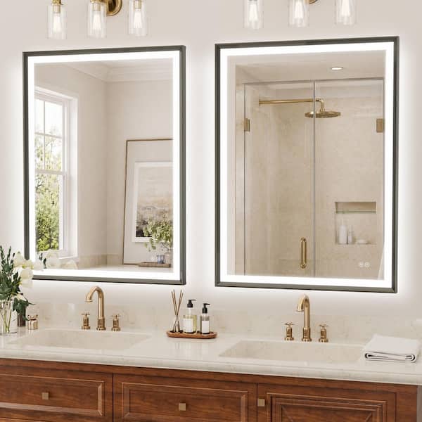 2-Pack 40 in. W x 30 in. H Aluminum Framed LED Bathroom Mirror with Fogless Dimmable Dual Lighting, Brushed Black