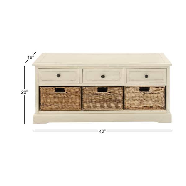 Litton Lane 20 In Antique White Wooden Accent Cabinet With 3 Wicker Basket And Slide Out Drawers 96189 The Home Depot 3 Wicker Basket And Slide Out Drawers, White Storage Furniture With Baskets