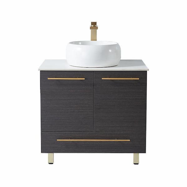 VC CUCINE 30 in. W x 20.5 in D. x 33 in. H Single Vessel Sink Bathroom Vanity in Black Wood Grain with White Cerimic Top