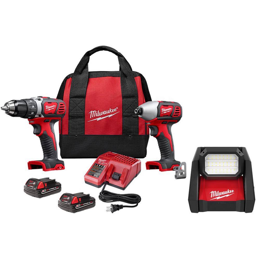 Milwaukee M18 18-Volt Lithium-Ion Cordless Drill Driver/Impact Driver Combo Kit (2-Tool) W/Two 1.5Ah Batteries & AC/DC Flood Light -  2691-22-2366-20