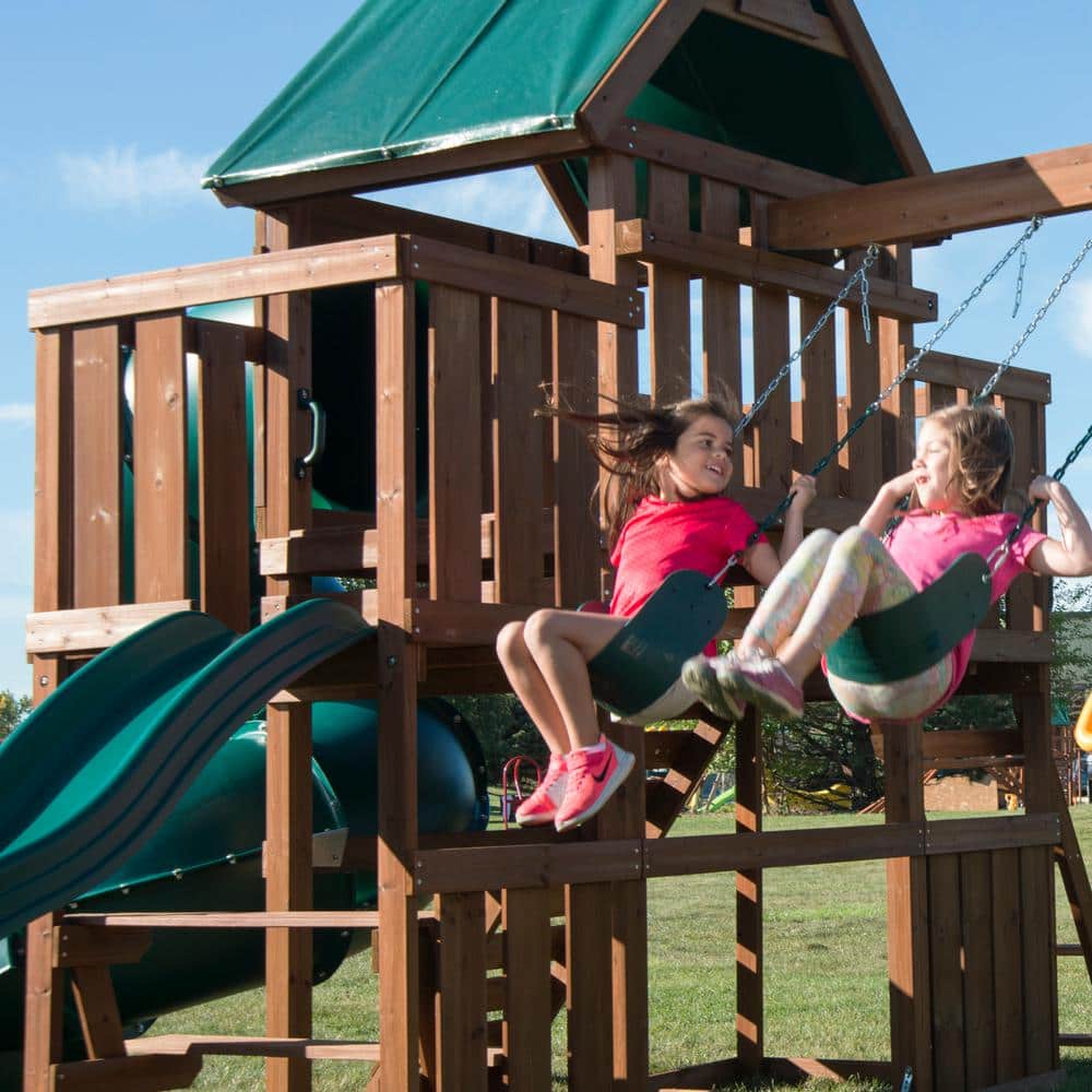 Tellico Terrace Wooden Swing Set with Tube and Wave Slides