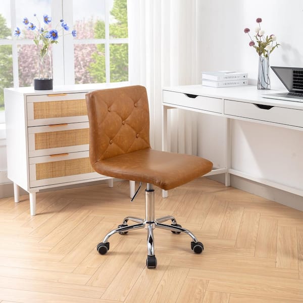 Armless Desk Chair Faux Leather Upholstered Ergonomic Task Chair in Brown with Wheels
