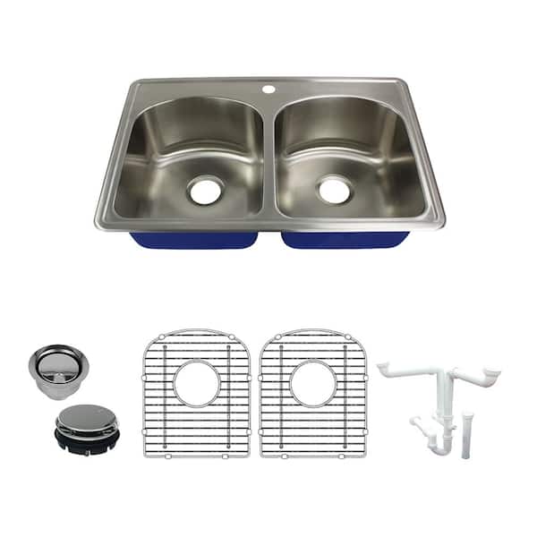 Transolid Meridian All-in-One Drop-In Stainless Steel 33 in. 1-Hole 50/50 Double Bowl Kitchen Sink in Brushed Stainless Steel