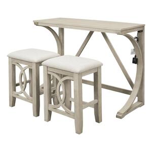 3-Piece 47.2 in. Farmhouse Counter Height Kitchen Dining Table Set with Rubber Wood Leg, Stools and USB Port, Cream