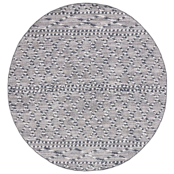 Global Gray/Ivory 7 ft. x 7 ft. Striped Geometric Diamond Indoor/Outdoor Round Area Rug