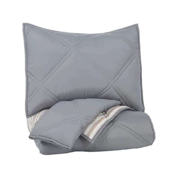Benjara 3-Piece Gray and Brown Striped Polyester Full Comforter Set