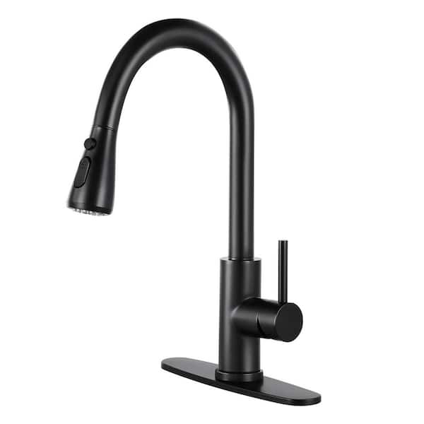 15.35 in. Single Handle Pull Out Sprayer Kitchen Faucet Commercial Kitchen Sink Faucets with Deck Plate in Matte Black