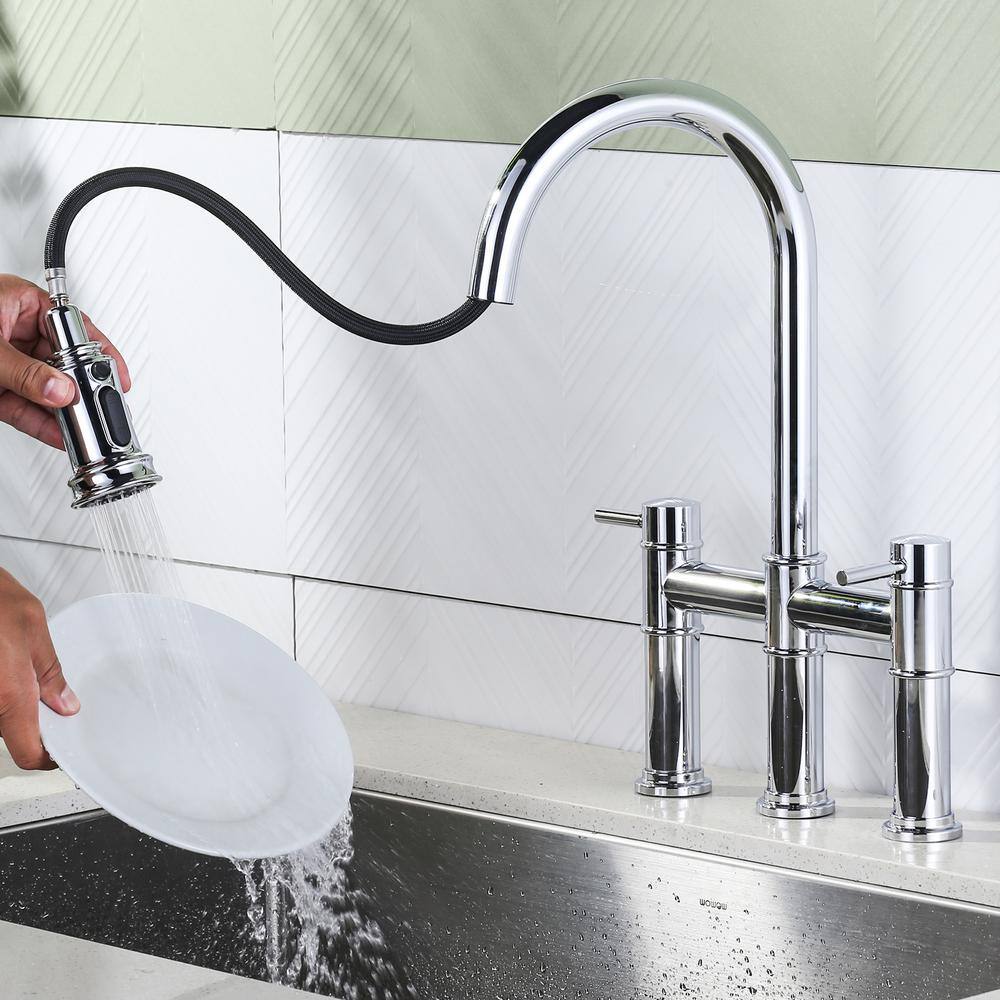 Chrome High-Arc Double Handle Kitchen Faucet with Pull-Out Spray