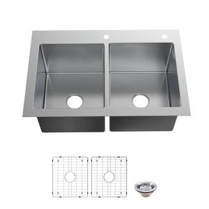 Tight Radius Drop-in/Undermount 18G Stainless Steel 33 in. 2-Hole 50/50 Double Bowl Kitchen Sink with Accessories