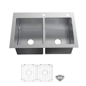 Tight Radius 33 in. Drop-In 50/50 Double Bowl 18 Gauge Stainless Steel Kitchen Sink with Accessories