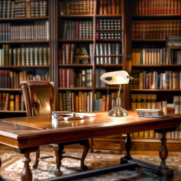 15 in. Task and Reading Elegant White Glass Bankers Lamp with Gold Finish, Pull Chain Adjustable Shade for Study Library