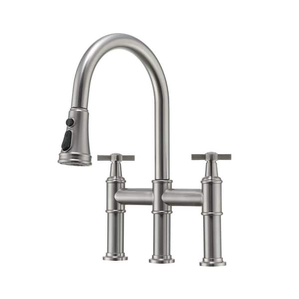 Double Handle 3 Hole Bridge Kitchen Faucet with Pull Down Sprayer 8 in. Widespread 360 Swivel Spout in Brushed Nickel