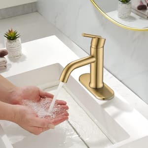 Single Handle Single Hole Bathroom Faucet with Deck plate and Spot Resistant Included in Brushed Gold