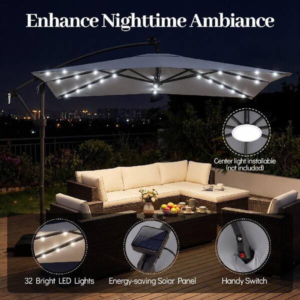 8' linen offset solar patio umbrella Costway 250 x 250 cm Solar LED Offset Cantilever Patio Umbrella Square Hanging Outdoor Market Umbrella-Grey