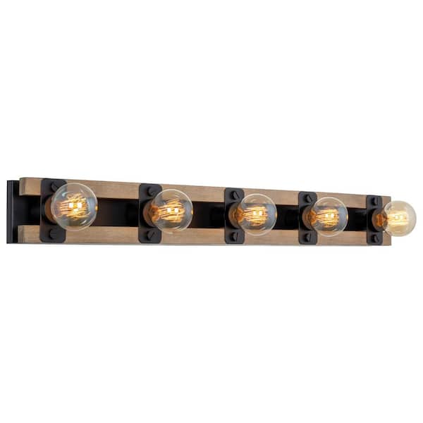 Kira Home Hogan 36 in. 5-Lights Black with Smoked Birch Wood Style Farmhouse Bathroom Vanity Light