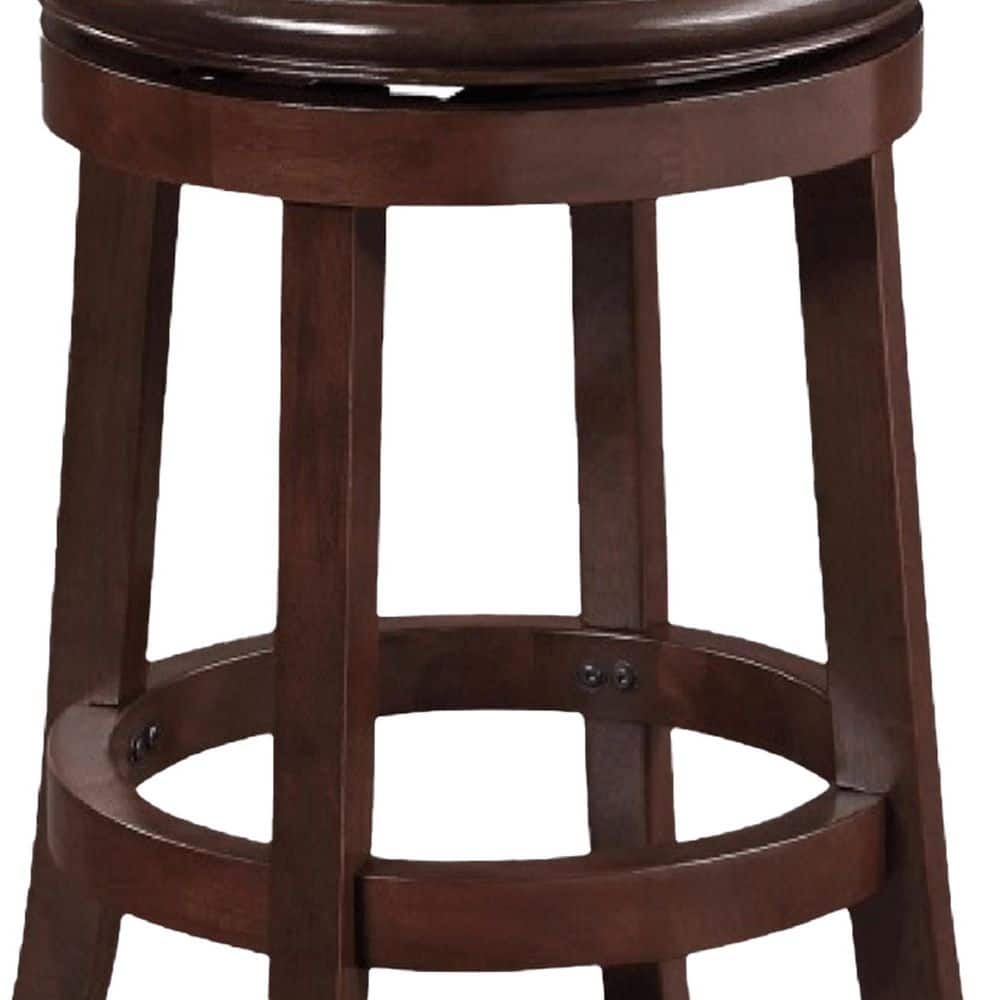 Espresso Swivel Adjustable Backless Barstool in Faux Leather and Wood