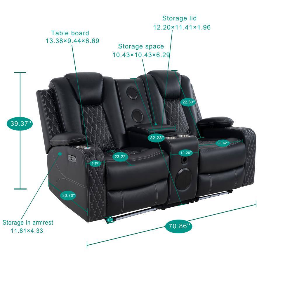 Black Faux Leather Reclining Loveseat with Cup Holders and LED Lights