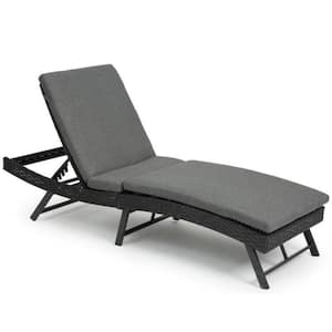 Black Steel Rattan Wicker Folding Outdoor Chaise Lounge Chair with Gray Cushions, Adjustable Back, Folding Table