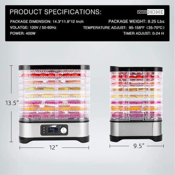 Electric 8-Tray Stainless Steel Food Dehydrator with Digital Timer