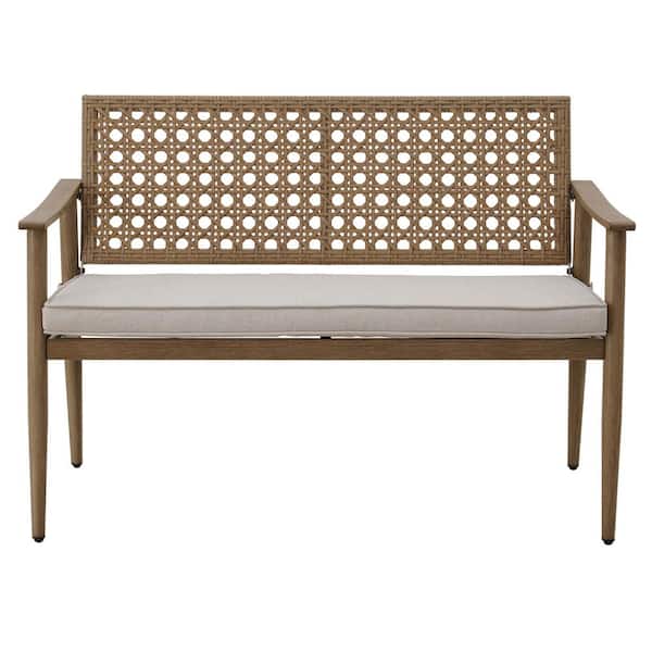 ITOPFOX 2-Person Wicker Beige Rattan Outdoor Bench Chair with White Cushion