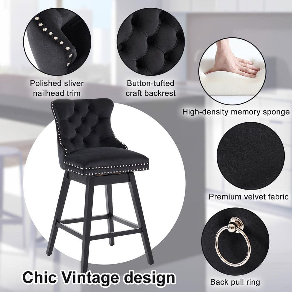 Black Velvet Upholstered Swivel Counter Height Stools with Wood Legs, Set of 4