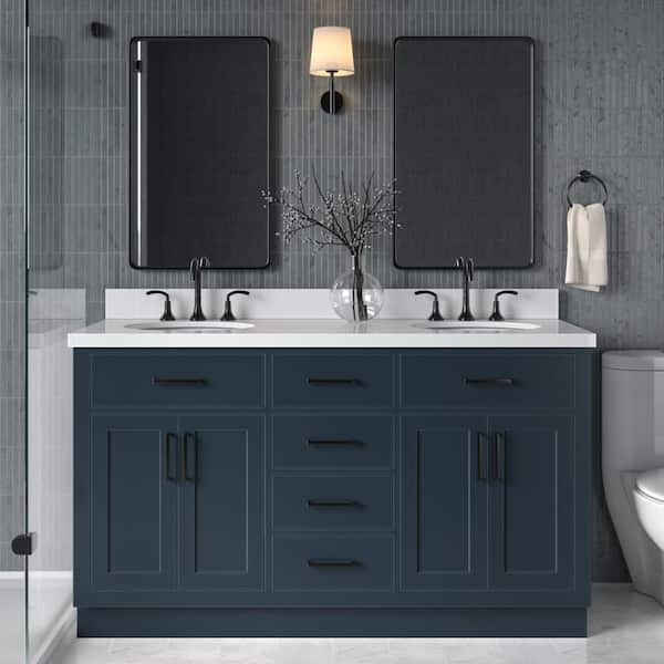 ARIEL Hepburn 61 in. W x 22 in. D x 36 in. H Bath Vanity in Midnight Blue with Pure Quartz Vanity Top with White Basins